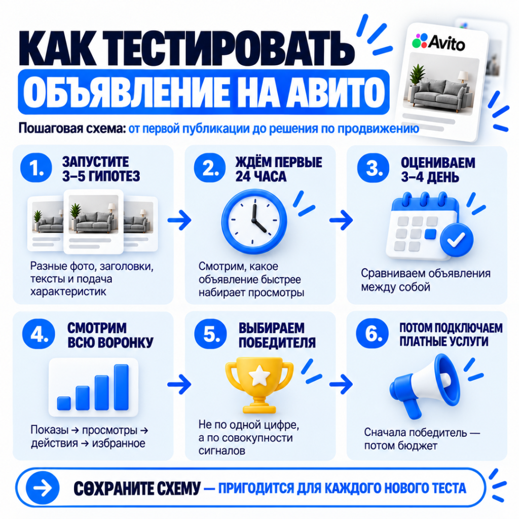 Сколько времени тестировать объявление на Авито: как понять, что оно «полетело», и когда подключать продвижение